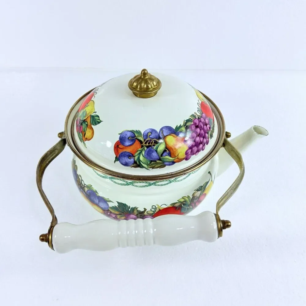 Vintage Cornucopia Enamelware Tea Kettle Pot Fruit Motif Ceramic Handle Taiwan